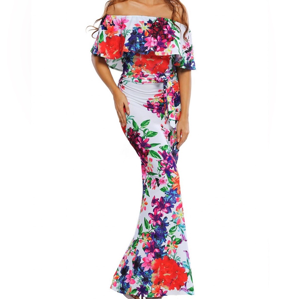 Floral Print Off Shoulder Belted Maxi Dress